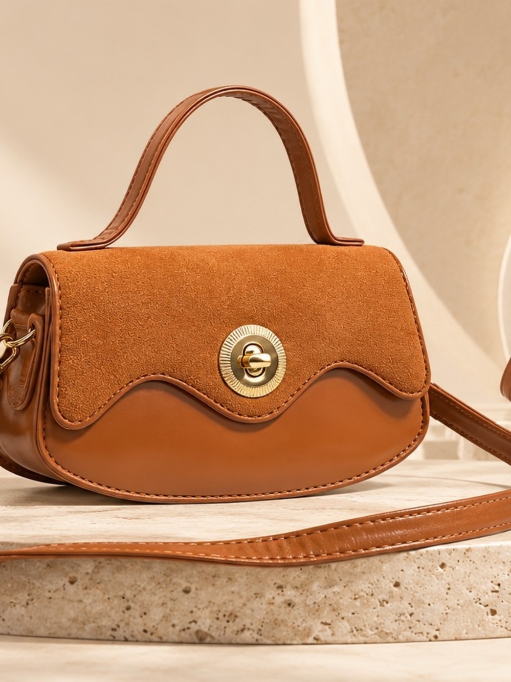 Tan Suede & Leather Mini Top-Handle Crossbody Bag